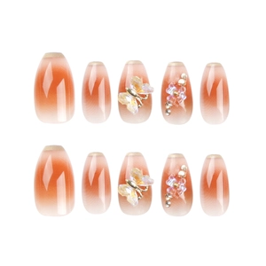 French tip press-on nails with brown gradient, 3D butterfly, floral and rhinestone accents