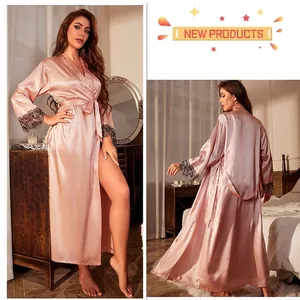 Women Long Satin Robe Imitation Satin Sleepwear With Lace Cuffs Elegant V Neck Belted Nightgown Leisure Home Wear