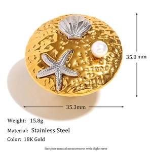 18K gold plated stainless steel starfish and pearl open ring with 35mm round face design