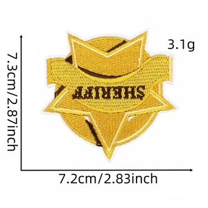 Detailed size view of yellow embroidered Sheriff badge patch with dimensions 7.3cm x 7.2cm
