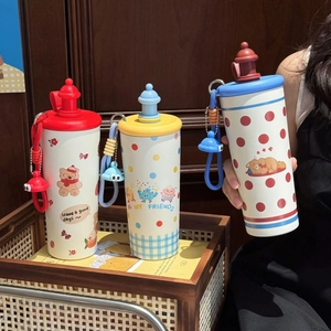 Cute Cartoon 316 Stainless Steel Insulated Water Bottle Vacuum Flask With Straw Tea Filter Portable Strap For Girls Students
