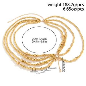 Detailed size chart for layered gold pearl body chain with precise length measurements