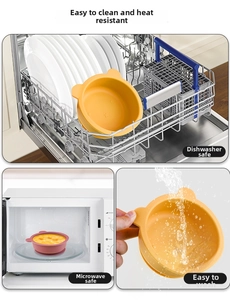 Silicone baby bowls shown in dishwasher, microwave and being rinsed under water tap