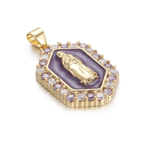 Detailed view of gold hexagon Virgin Mary pendant with purple enamel and zircon inlay