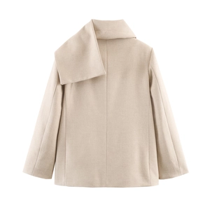 Beige mid-length long-sleeved blazer with asymmetric scarf collar and wool-like texture