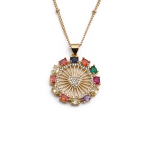 Golden ferris wheel heart pendant necklace with colorful gemstones and clear crystals
