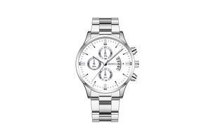 Close-up of a silver stainless steel chronograph watch with white dial and date display