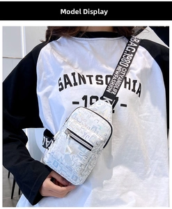 Detail of laser coated chest bag with colorful letter prints and woven wide strap