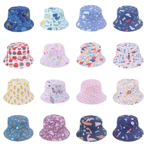 Kids printed bucket hats with dinosaur, space, and fruit patterns in a colorful grid view