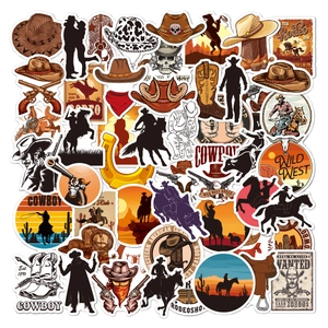 Close-up of assorted Western Cowboy stickers including hats, boots and revolver graphics