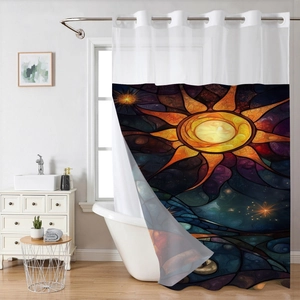 Detail of artistic sun and starry sky printed shower curtain in a modern bathroom
