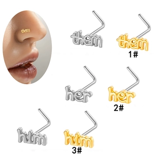 L-shaped letter nose studs in gold and silver finish with them her him text designs