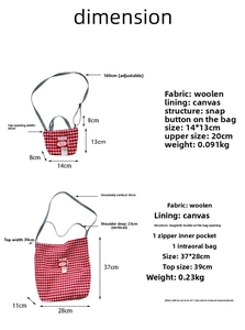 Detailed size specifications for small and large plaid wool tote bags with strap lengths