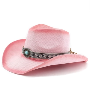 Breathable pink woven straw cowboy hat with ethnic style turquoise bead band for summer beach