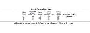 Detailed size chart for oversized puffer jacket showing dimensions in centimeters