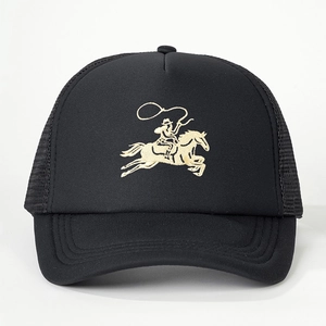 Classic black trucker hat with vintage cowboy embroidery and breathable mesh back