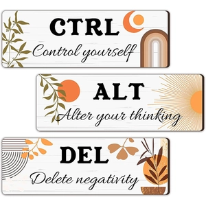 Set of 3 Bohemian wood wall plaques with inspirational Ctrl Alt Del typography art