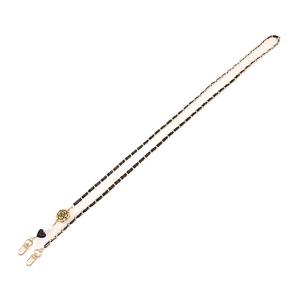 Golden metal chain interwoven with black leather, featuring camellia and pearl charms