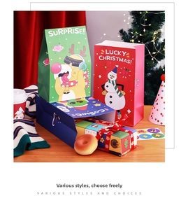 Christmas gift bags with cartoon snowman and reindeer patterns in festive settings