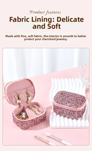 Macro shot of glittery pink travel jewelry box showing multi-grid interior storage