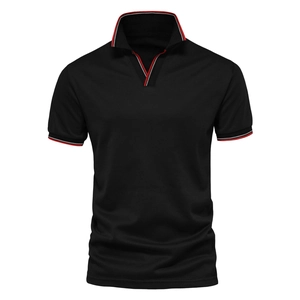 Black cotton polo shirt with deer embroidery and striped collar contrast detailing