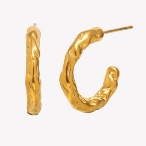 18K gold plated stainless steel hoop earrings featuring unique hammered texture on white background