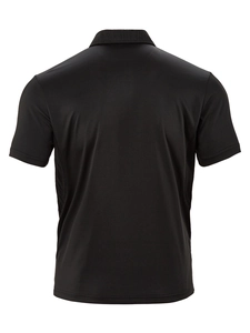 Rear view of black short-sleeve polo shirt showing the collar and breathable mesh mesh underarms