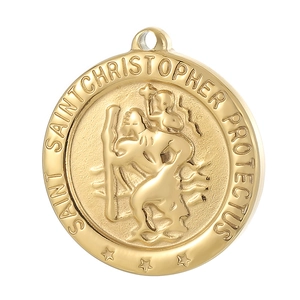 Detail of golden Saint Christopher Protect Us relief carving on round steel pendant