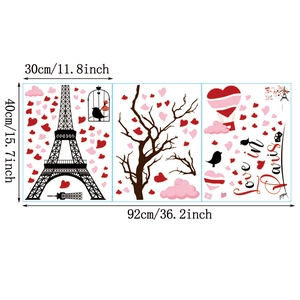 Detail layout of Eiffel Tower and heart wall decals with 92cm installation size guide