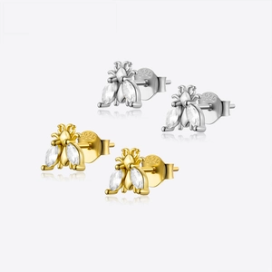 Bee Stud Earrings In 925 Sterling Silver With Marquise Zircon Tiny Insect Jewelry Elegant Gift For Women