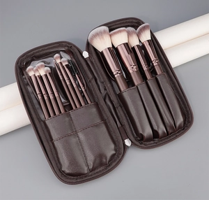 Detail view of 12pcs brown makeup brush set inside a premium PU leather storage case