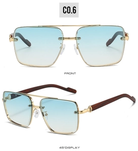 Detail of classic double-bridge sunglasses with blue gradient lenses and wood grain temples