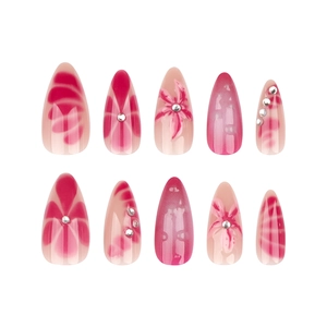 Faux ongles amande rose vif et nude avec strass 3D et motifs floraux peints à la main