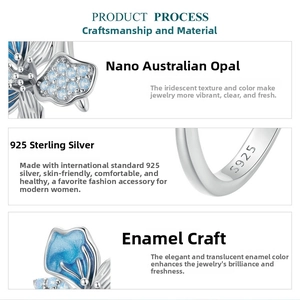 Macro detail of S925 sterling silver iris ring with nano opal and blue enamel finish