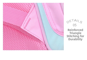 Macro shot of reinforced triangular stitching for durability on pink school backpack