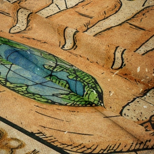 Macro view of vintage tapestry showing thick woven fabric texture and art printing