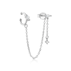 Detailed macro view of S925 sterling silver chain earrings with marquise cut zircon stones