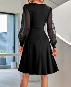 Detailed back view of a black V-neck dress with Swiss Dot sheer mesh long sleeves