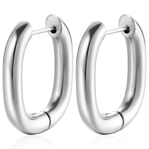 Minimalist silver oval hoop earrings in polished stainless steel on white background