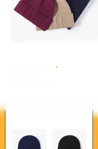 Detailed cable knit texture on cozy winter beanies in burgundy, beige and black