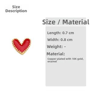 Detail of 0.7cm red heart stud earring with 18K gold plated copper and oil drip craft