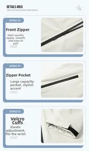 Detail view of smooth zipper, zip pocket, and adjustable velcro cuff on the outdoor jacket