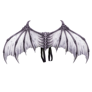 Detail of greyish white devil bone wings with realistic skeleton texture and straps
