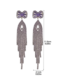 Detail view of purple bow tassel earrings with micro-inlaid zircons and measurement data