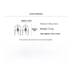 Detail view of bohemian snake earrings with blue glass beads and specific dimensions