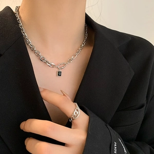 Geometric Pendant Necklace Stainless Steel Chunky Chain Black Rectangular Gemstone Minimalist Jewelry For Women Daily