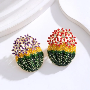 Colorful cactus stud earrings with enamel coating and rhinestones on plaster tray