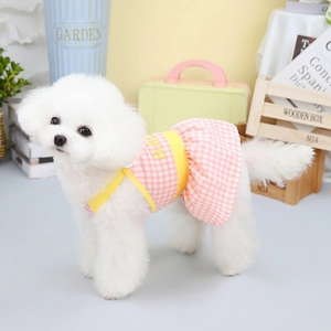 Pink plaid pet dress with yellow trim and BAB embroidery for small dogs and cats