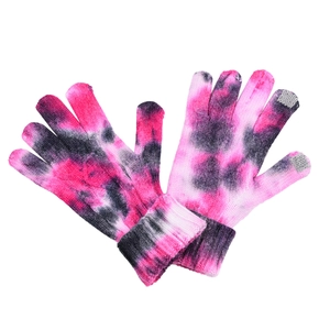 Detailed view of pink tie-dye knit gloves with gray three-finger touchscreen conductive tips