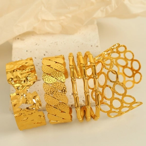 Elegant Retro Titanium Steel Hollow Bamboo Bangle For Women 18K Gold Silver Plated Irregular Hammered Texture Cuff Bracelet